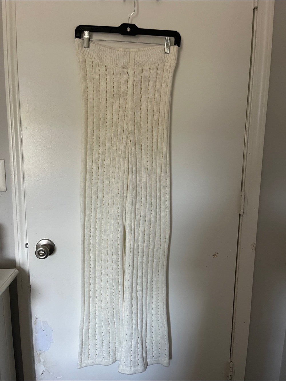 Boohoo Cream Ribbed Knit Wide-Leg Pants